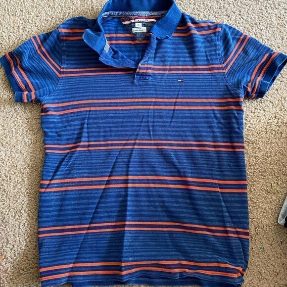 Mens Tommy Hilfiger Orange and Blue Striped Polo Shirt - Picture 1 of 2